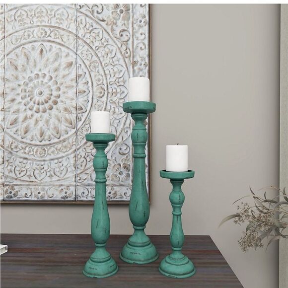 Pier 1 Imports Traditional Turquoise Wood Set of 3 Candle Holders - Picture 5 of 12